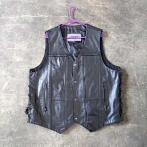 Unik Premium Leather Biker Vest Mens 3XL Black Snap Tie Side Motorcycle Retro